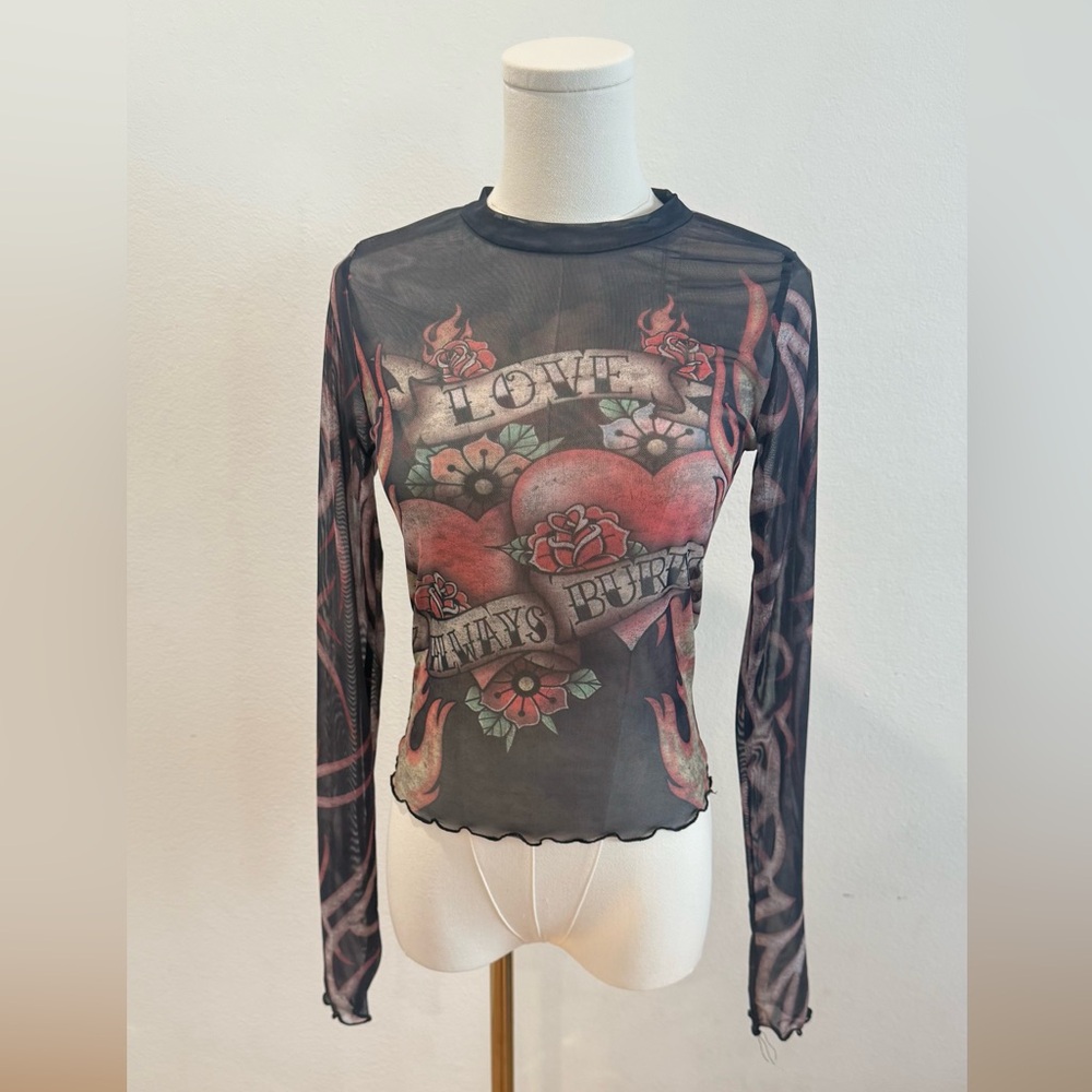Y2K RSQ Sheer Mesh Tattoo Top – Size M